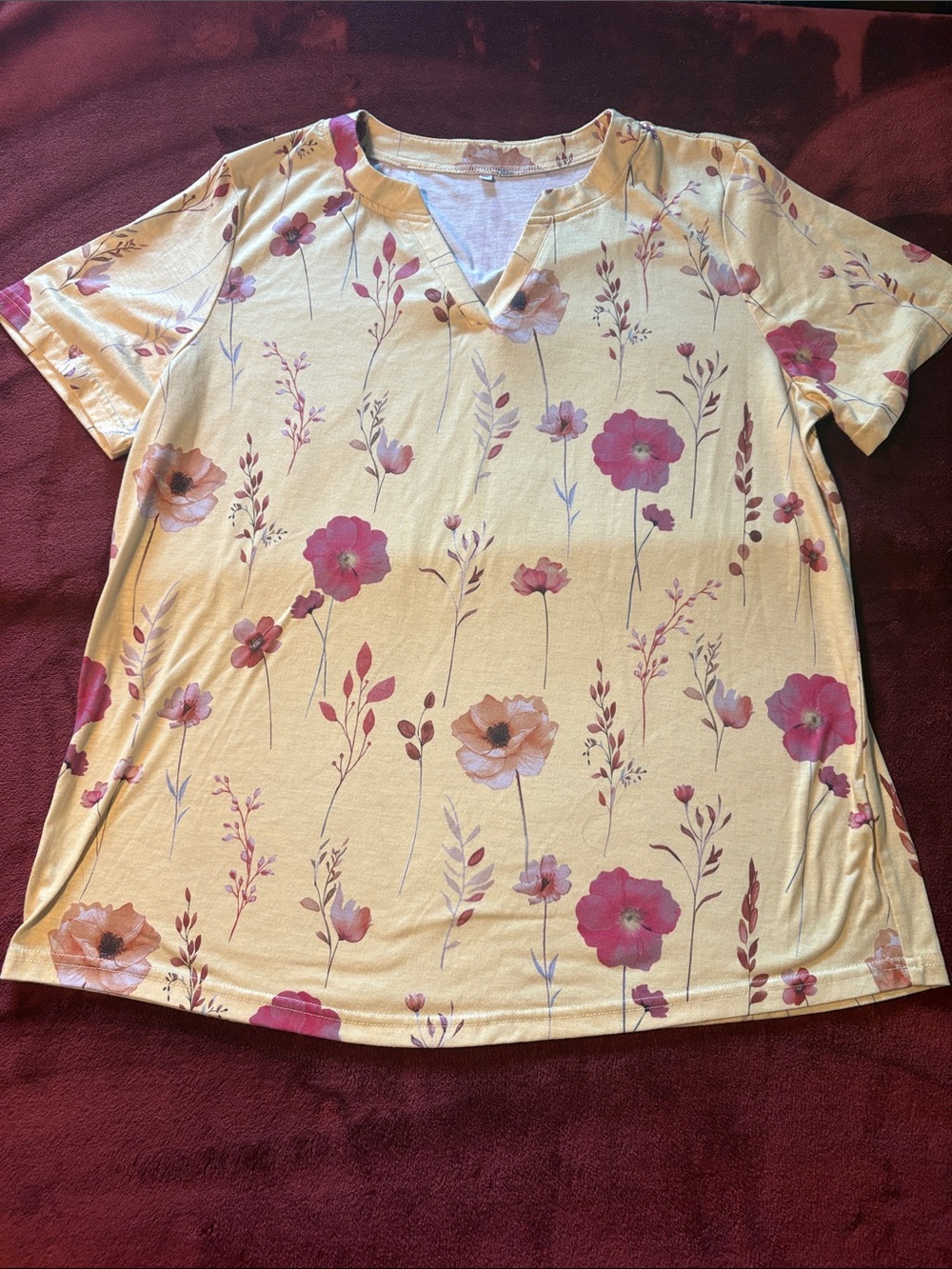 Yellow Floral Short-Sleeve V-Neck Top